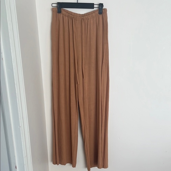 Women's linen cotton Tan Wide-Leg drawstring Pants minimalist laggenlook small - Picture 1 of 8